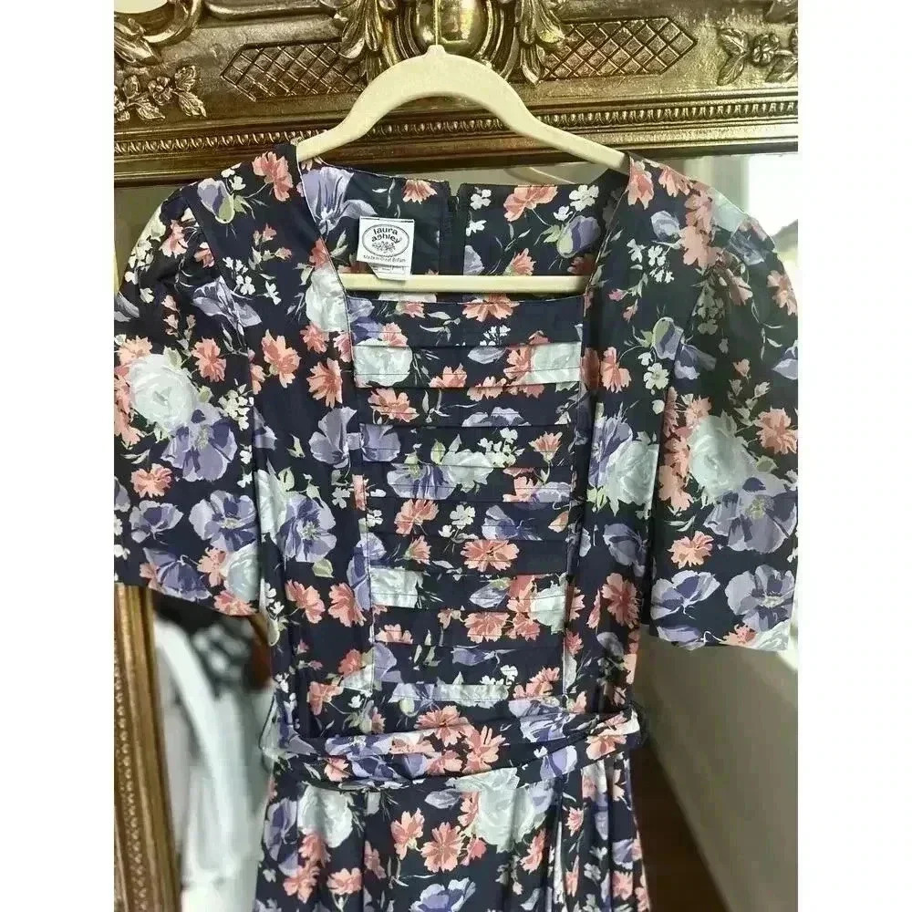 VINTAGE 80s Laura Ashley Navy Floral Cotton Cottage Core Maxi Dress - Picture 3 of 6